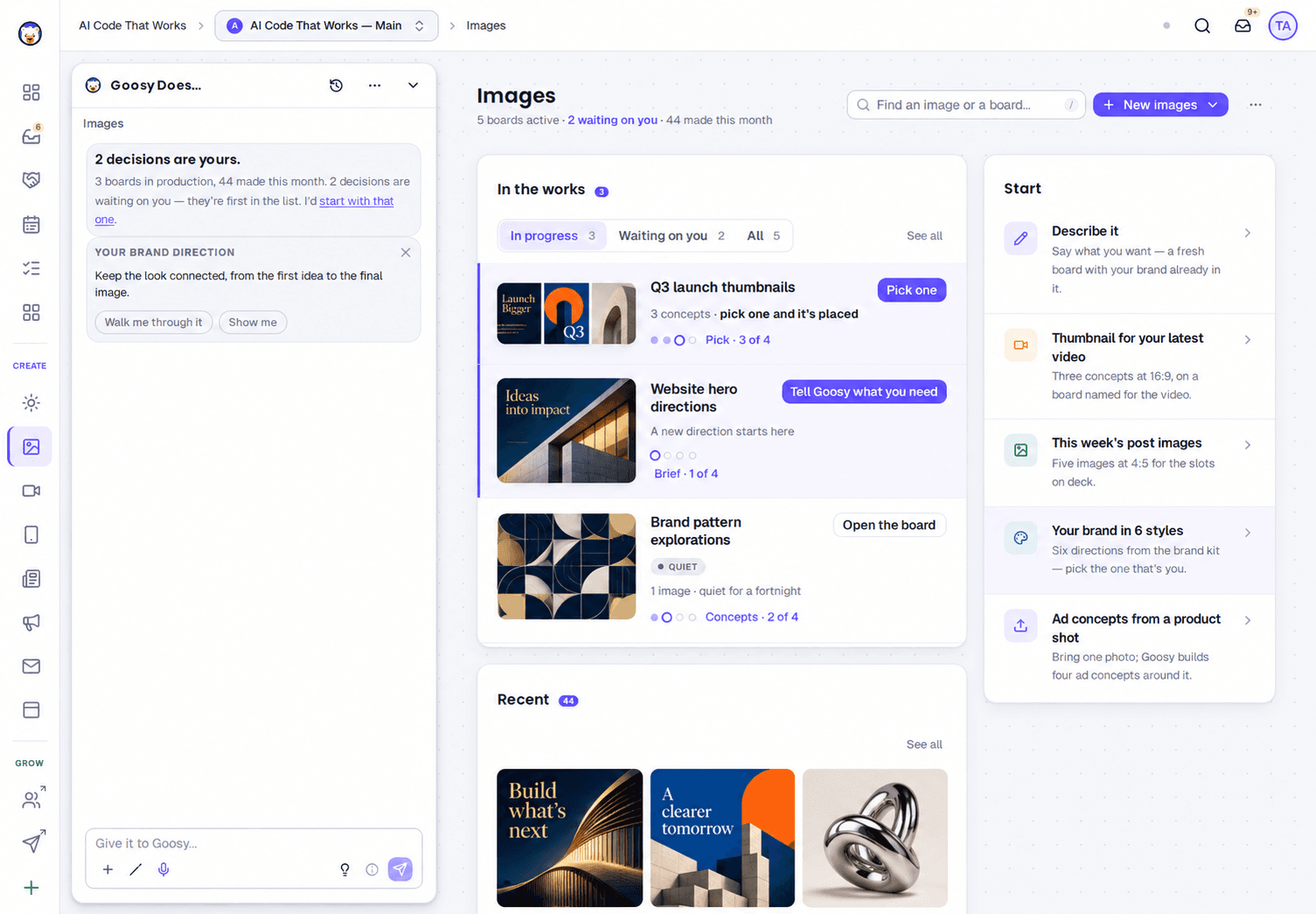 Goosy Images workspace with a conversation panel, active image directions, and varied sample creative ready to review.